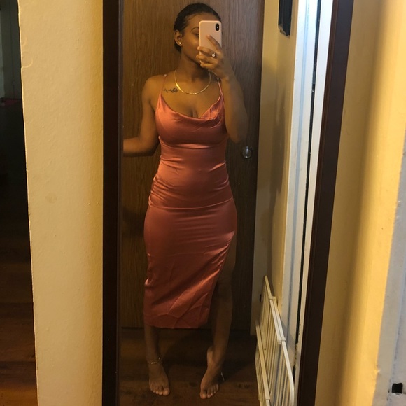 strappy satin cowl midi dress